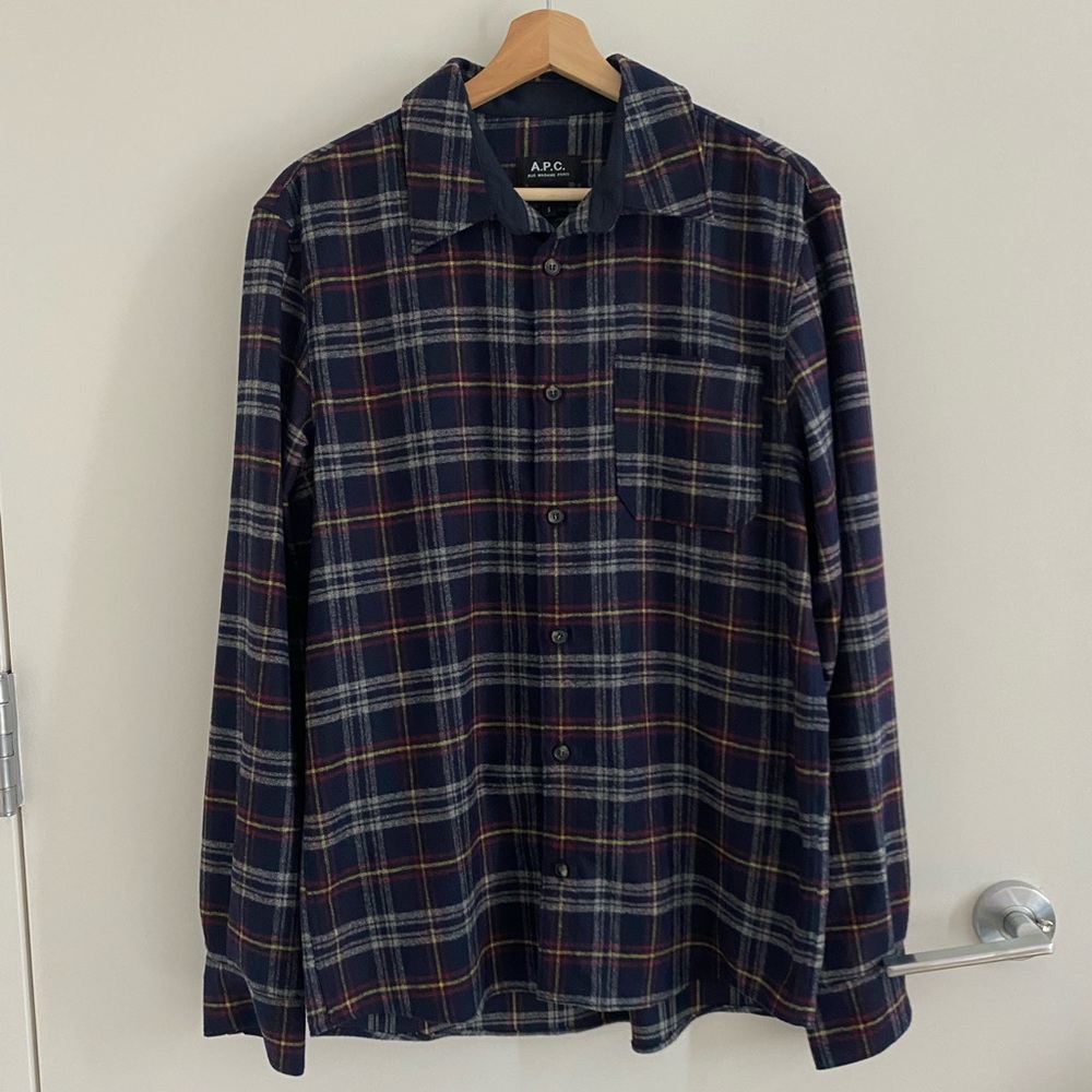 A.P.C. Button Up Wool Shirt Men’s Size S Navy Plaid Long Sleeve